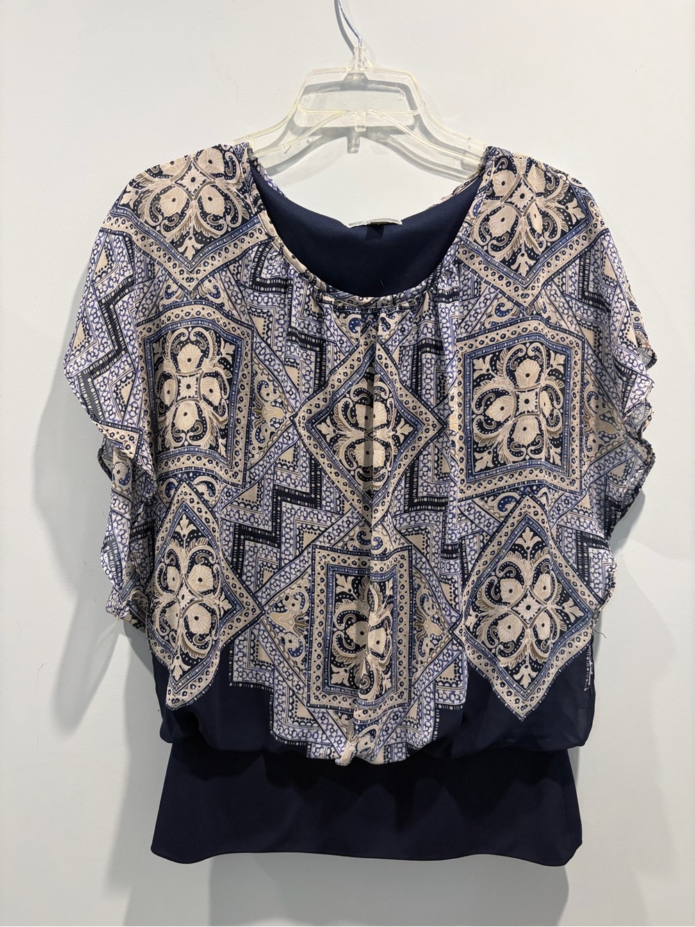 JM Collection Blue & Beige Paisley Layered Cap Sleeve Blouse Sz XS